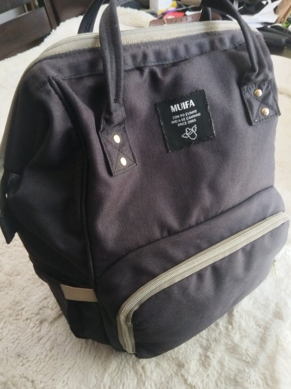 MUIFA Diaper Bag Backpack Charcoal Grey Black Beige Wide Opening Travel Baby Bag
